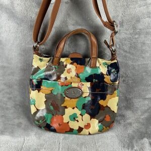 Fossil Key-Per Floral Coated Canvas Crossbody Bag Brown Leather Trim Multi-Color